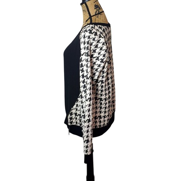 Bobeau Womens L Long Sleeve Zippers Black Cream Houndstooth Top Chic Preppy - Picture 4 of 10